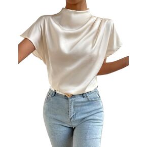 OYOANGLE Women's Satin Mock Neck Short Sleeve Draped Front Work Office Blouse Top