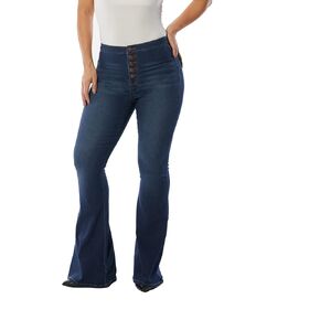 dollhouse Women's Dark Wash High Rise Curvy Flare with Exposed Buttons and Zipper Fly