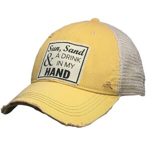 Sun Sand & A Drink in My Hand Distressed Trucker Cap, Yellow, Cotton, Polyester, Indoor, Outdoor