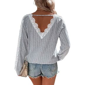 SweatyRocks Women's Lace Trim Long Sleeve Knit T-Shirt V Neck Backless Lightweight Sweaters