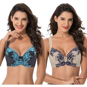Curve Muse Women's Plus Size Unlined Underwire Lace Bra with Cushion Straps-2PK