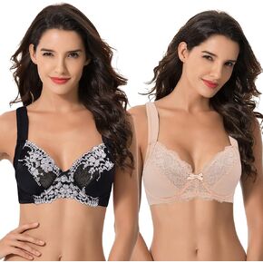 Curve Muse Women's Plus Size Unlined Underwire Lace Bra with Cushion Straps-2PK