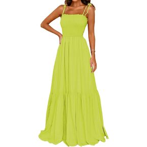 kinstell Women's 2023 Summer Casual Boho Sleeveless Spaghetti Strap Smocked Square Neck Ruffle A Line Beach Long Maxi Dress