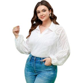 WDIRARA Women's Plus Size Zebra Striped Print Mesh Lantern Sleeve Collared Sheer Blouse Top