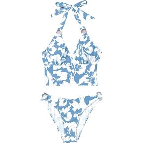 WDIRARA Floral Print Ring Halter Tie Back Bikini Swimsuit 2 Piece Bathing Suits