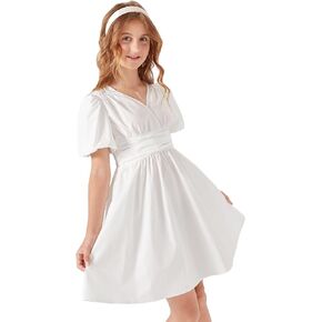 WDIRARA Girl's Wrap V Neck Puff Short Sleeve Shirred Flared Hem A Line Dress