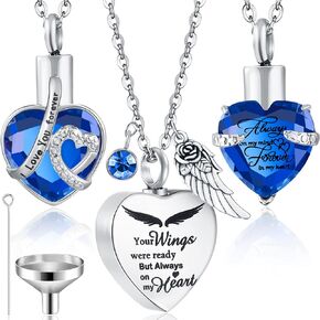 Jadive 3 Pcs Valentine's Day Heart Ashes Urn Necklace Ocean Crystal Cremation Necklace Waterproof Memorial Pendant Stainless Steel Keepsake Jewelry with Angel Wing 12 Birthstones Filling Kit for Women