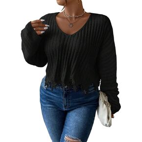 SweatyRocks Women's Plus Size Long Sleeve Drop Shoulder Crop Knit Sweater Distressed Raw Hem Casual Pullover Crop Sweaters