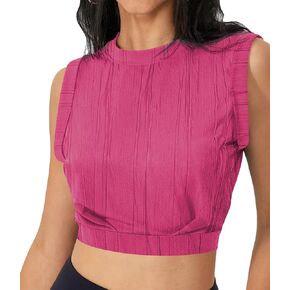 تيشيرت نسائي صيفي قصير بدون أكمام سادة بخصر محكم، تي شيرت برقبة دائرية، بدون أكمام لليوجا، كاجوال in Kuwait