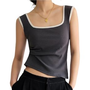 PDLCVD Women Sleeveless Square Neck Tank Top V Neck Back Ribbed Summer Shirts Color Block Casual Basic Cami Shirt