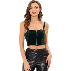 Allegra K Slim Fit Party Velvet Cami Tank Tops for Women's Sleeveless Spaghetti Strap Zip Up Sexy Crop Top