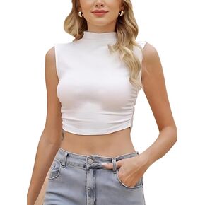 Womens Tank Tops Mock Neck Sleeveless Ribbed Shirts Side Ruched Basic Crop Tops