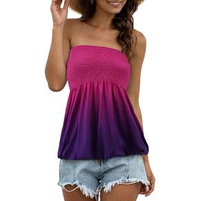 Sumtory Women Tie Dye Tube Tops Pleated Stretchy Ombre Strapless Shirts