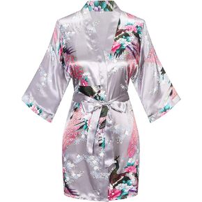 Women's Short Kimono Robes Bride and Bridesmaid Satin Floral Bathrobe Peacock Sleepwear Dressing Gown for Wedding Party