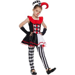 EraSpooky Girls Killer Clown Costume Set Halloween Kids Wicked Jester Dress