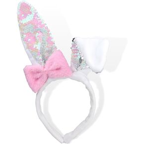Needzo White Plush Easter Bunny Ears Headband with Bow, Reversible Pink and Silver Sequins, Cute Pretend Rabbit Ear Accessory, One Size Fits Most