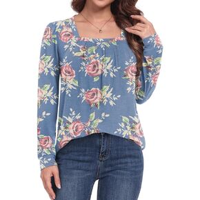 ALIGADUO Womens Fall Casual Pleated Tunic Tops Suqare Neck Shirts Puff Long Sleeve Blouses