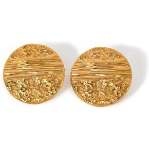 Gold Large Chunky Round Stud Earrings for Women，Statement Irregular Hammered Texture Trendy Vintage Jewelry