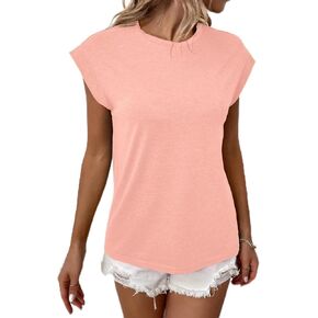 Women's Cap Sleeve Tops Casual Crew Neck Basic Tops Solid Color Womens Shirts Loose Fit Blouse Work Cute Top