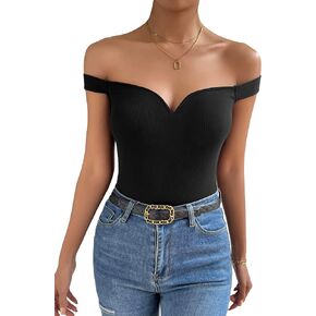 Floerns Women's Solid Off Shoulder Short Sleeve Rib Knit Slim Fit Tee Shirt