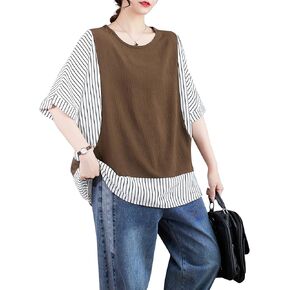 ellazhu Women's Half Sleeve Crewneck Stripe Solid Color Patchwork Tee Shirt T-Shirt Tops GA2630