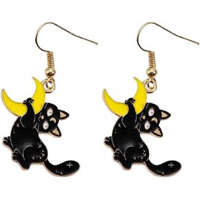 Azusa Sun Halloween Black Cat Earrings Cute Animal Cat Moon Star Dangle Earrings Holiday Party Jewelry Gifts for Women and Girls