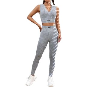 MakeMeChic Women's Casual 2 Piece Outfits Sleeveless V Neck Crop Tank Tops and High Waist Workout Leggings Pants