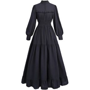 Nuoqi Colonial Dress with Bonnet Pilgrim Costume for Women Pioneer Dress Apron Dress with Pockets