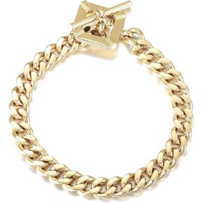 Gold Square Toggle Clasp Wide Cuban Curb Link Bracelets for Women Stainless Steel Charm Chain Extenders Chunky Bracelet