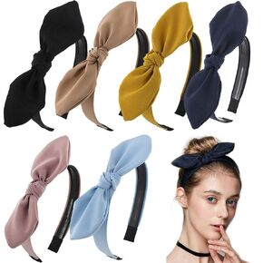 Solid Bow Headbands for Women Twist Knot Headbands Wired Rabbit ears Plastic Headbands with Teeth Elastic Cloth Bowknot Headwrap Hair Accessory,Pack of 6