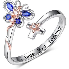 Butterfly Ring 925 Sterling Silver Butterfly Adjustable Open Ring Crystal Cross Rings for Women September Birthstone Butterfly Jewelry Gifts for Wife Girlfriend