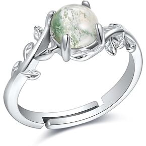 JERWLI Natural Moss Agate Leaf Rings 925 Sterling Silver Moss Agate Adjustable Branch Rings Plant Rings Jewelry for Women