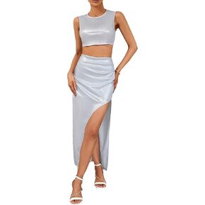 WDIRARA Women's 2 Piece Outfits Sleeveless Crop Tank Top And Split Hem Skirt Set in Kuwait