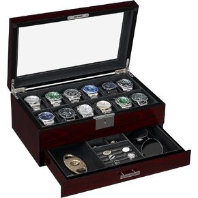ANWBROAD 12 Slots Watch Box Watch Case with Large Glass Lid Jewelry Box for Men 2-Tier Watch Display Case Lockable Watch Holder Organizer Giftable Fancy Watch Holder UJWB001Y