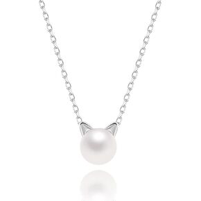BG&WLing Cat Pearl Pendant Necklace Silver Plated Copper Choker Necklaces Dainty Jewelry for Women Girls