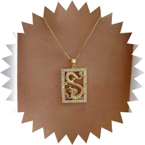 Punk Square Dragon Pendent Necklace Cz Square Choker Necklace Gold Lucky Dragon Necklace Dragon Square Necklace Chain Crystal Square Collar Necklace Jewelry for Women and Girls
