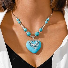 Boho Large Heart Turquoise Necklace Choker Vintage Ethnic Love Heart Pendant Necklace Western Turquoise Beads Strand Necklace Statement Heart Turquoise Necklace Jewellery for Women Girls