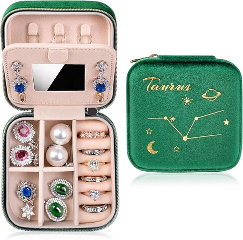 صندوق مجوهرات مخملي للسفر، حقيبة مجوهرات صغيرة محمولة مع حلق، حامل منظم القلادة مع مرآة، ملحقات السفر الأساسية للنساء المراهقات هدايا عيد ميلاد (برج الدلو) in Kuwait