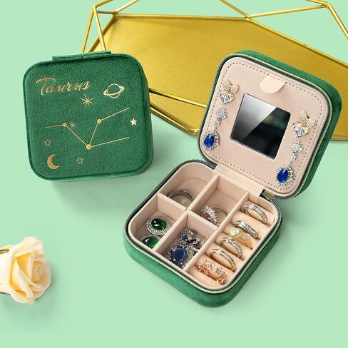 صندوق مجوهرات مخملي للسفر، حقيبة مجوهرات صغيرة محمولة مع حلق، حامل منظم القلادة مع مرآة، ملحقات السفر الأساسية للنساء المراهقات هدايا عيد ميلاد (برج الدلو) in Kuwait