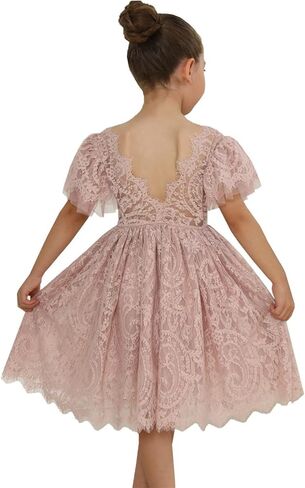 فستان فتاة 2Bunnies للفتيات الصغيرات بأكمام مرفرفة من الدانتيل من الخلف من التل على شكل زهرة in Kuwait