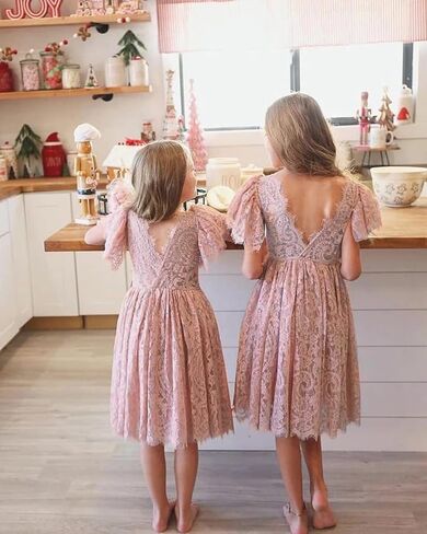 فستان فتاة 2Bunnies للفتيات الصغيرات بأكمام مرفرفة من الدانتيل من الخلف من التل على شكل زهرة in Kuwait