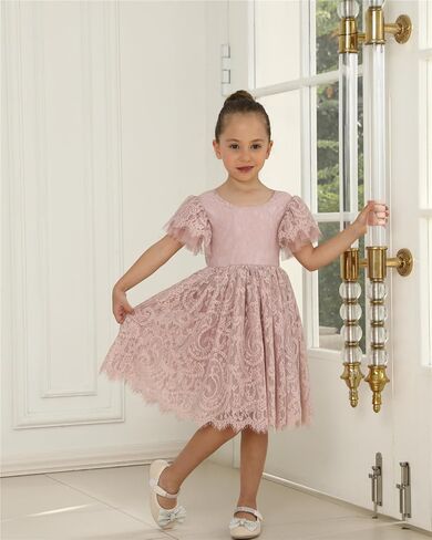 فستان فتاة 2Bunnies للفتيات الصغيرات بأكمام مرفرفة من الدانتيل من الخلف من التل على شكل زهرة in Kuwait
