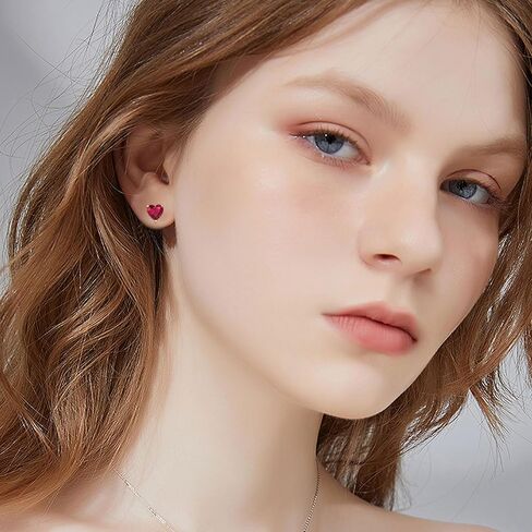 MRENITE الصلبة 14K الذهب الأصفر على شكل قلب جوهرة الميلاد أقراط للنساء 6MM سوليتير مقلد العقيق / الزمرد / روبي أقراط مع دفع ظهورهم in Kuwait