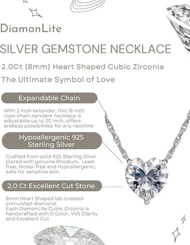 DIAMONLITE 1.0-2.5 Ct Cubic Zirconia Pendant Necklace for Women, D Color VVS Clarity Excellent Cut, 925 Sterling Silver Lab Created Simulated Diamond Solitaire Prong or Bezel Necklace, 18 inch + 2 inch Extender, Womens Silver CZ Zirconia Necklace in Saudi Arabia