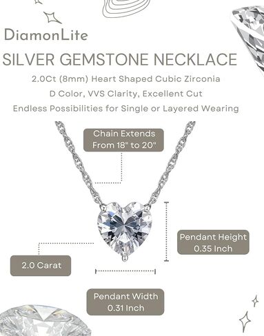 DIAMONLITE 1.0-2.5 Ct Cubic Zirconia Pendant Necklace for Women, D Color VVS Clarity Excellent Cut, 925 Sterling Silver Lab Created Simulated Diamond Solitaire Prong or Bezel Necklace, 18 inch + 2 inch Extender, Womens Silver CZ Zirconia Necklace in Saudi Arabia