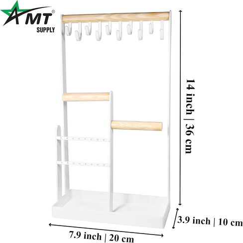 حامل منظم المجوهرات AMT، حامل مجوهرات طويل القامة بطول 35.56 سم، حامل مجوهرات، عرض منظم وتخزين لسوار الأقراط (الخشب الطبيعي والأسود، 10 خطافات) in Saudi Arabia