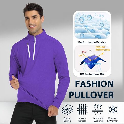 DEOLAX Mens Quarter Zip Pullover Solid 1/4 Zip Pullover Mens Athletic Performance Dry Fit Long Sleeve Thermal Mens Sweatshirt Mock Neck Mens Fishing Running Shirts UPF 50+ Golf Shirts for Men Purple in Saudi Arabia