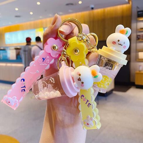 BEXOA لطيف المفاتيح Kawaii السائل العائمة بوبا سلاسل المفاتيح اكسسوارات سيارة حلقة رئيسية الكرتون ظهره Charms لفتاة النساء in Kuwait