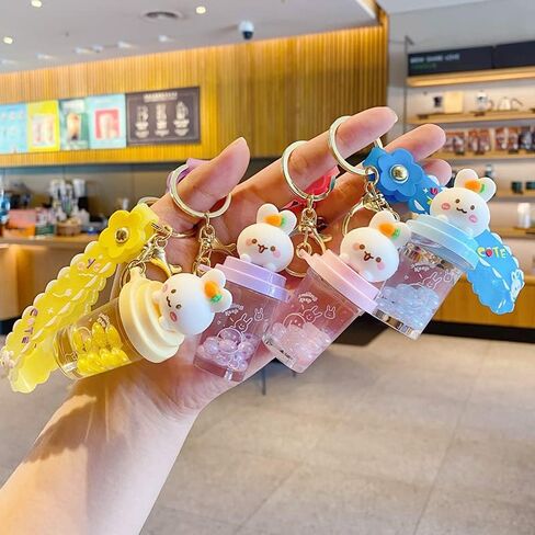 BEXOA لطيف المفاتيح Kawaii السائل العائمة بوبا سلاسل المفاتيح اكسسوارات سيارة حلقة رئيسية الكرتون ظهره Charms لفتاة النساء in Kuwait