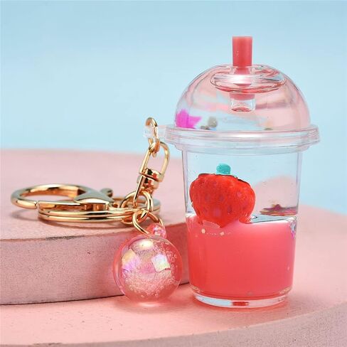 Ergugos Acrylic Strawberry Keychain Lucky Milk Tea Cup Key Ring Key Chain Jewelry Gift for Children Women Girlfriend Trendy Bag Backpack Car Keys Pendant Cute Transparent Cup Decoration, Pink in Saudi Arabia